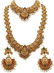Gold-Plated Traditional Goddess Lakshmi Auspicious Temple Jewellery Bridal Set with Ruby Imitation Stone Long Haram Double Necklace with Earrings for Women