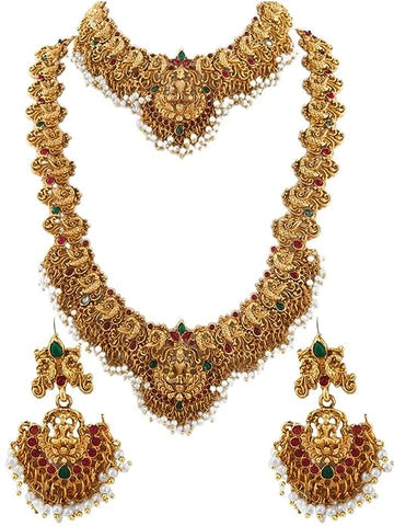 Gold-Plated Traditional Goddess Lakshmi Auspicious Temple Jewellery Bridal Set with Ruby Imitation Stone Long Haram Double Necklace with Earrings for Women
