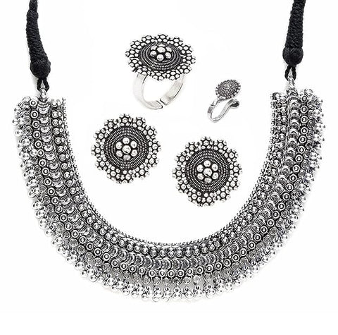 Fashion Jewellery Set for Women Antique Oxidised Silver Plated Tribal Jewellery Necklace Earring Set for Women & Girls