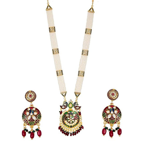 Set Gold Plated Long Necklace Hyderabadi Design Pearl Peacock Necklace Set With Earring Jewellery For Women & Girls
