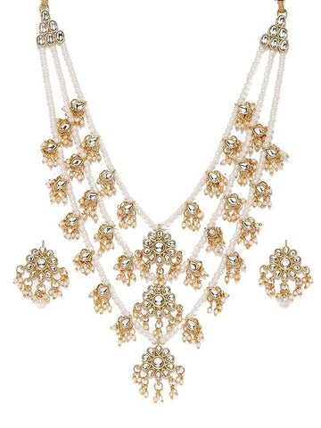 Ethnic Kundan & Pearls Multi Layers Bridal Necklace Set For Women