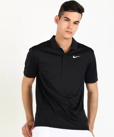 Court Men Solid Polo Neck Polyester Black T-Shirt